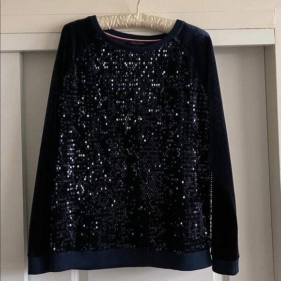 Tommy Hilfiger velvet navy blue sequin top size M - Picture 6 of 8